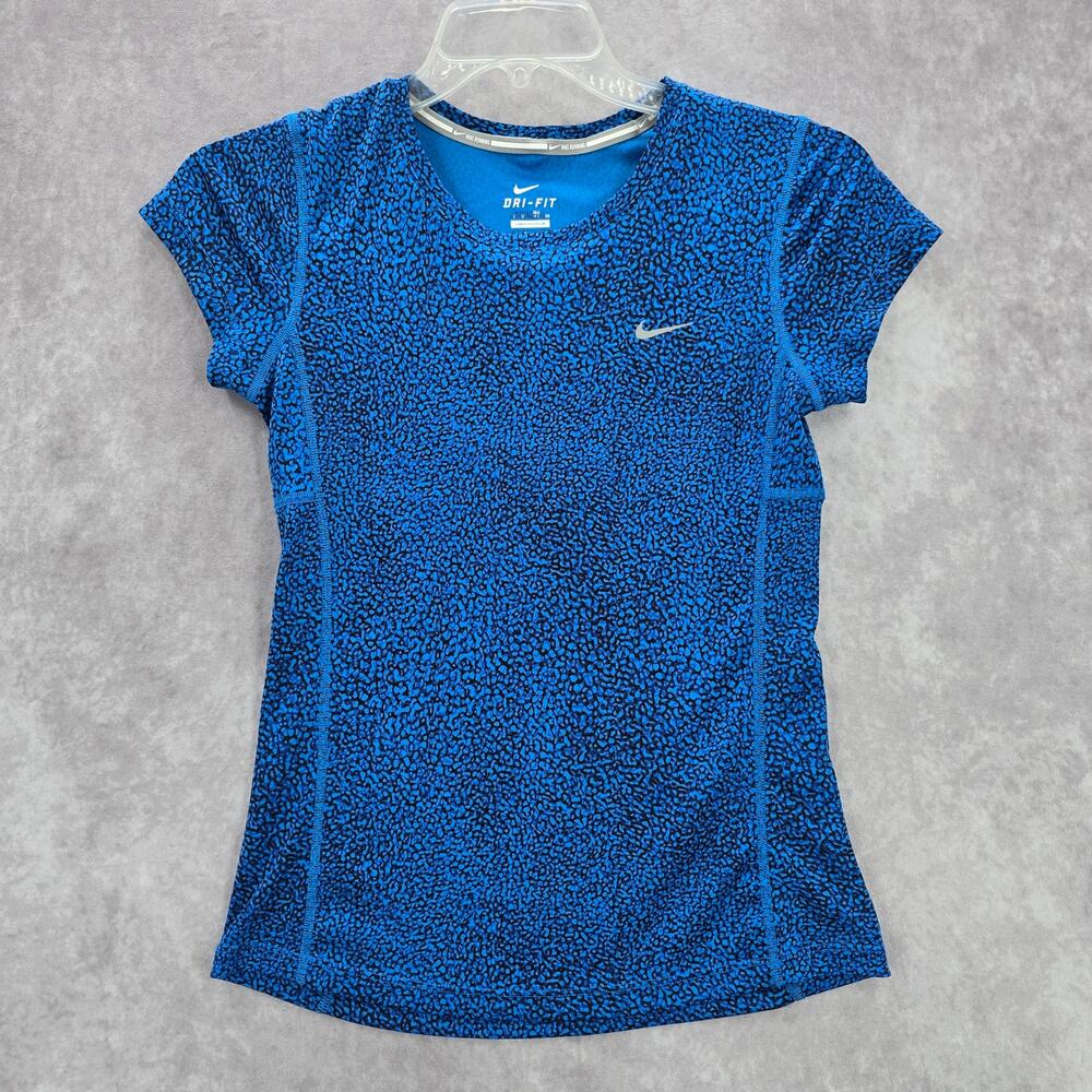 Nike Di Fit Blue Black Print‎ Short Sleeve Active Running Tshirt XS Extra Small